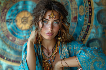 Female astrologer with long brown hair and blue eyes wears a necklace and bracelet. She smiles and stands against the background of the zodiac circle