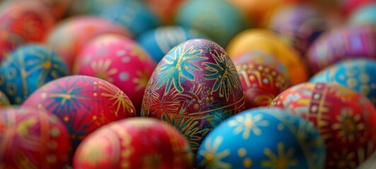 Fototapeta na wymiar A bunch of hand painted Easter eggs on colorful background with bokeh effect. Easter decoration, banner, panorama, background with copy space for text. Happy Easter.