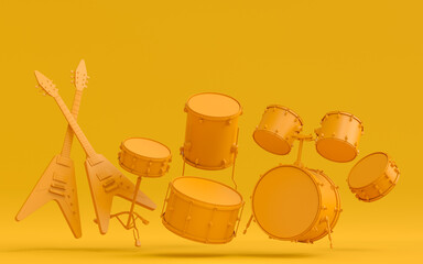 Set of electric acoustic guitars and drums with cymbals on monochrome background
