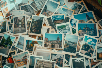 Fototapeta na wymiar Many photographs featuring famous landmarks from various cities spread across the table, captured from a top-down perspective, with empty space, copy space.
