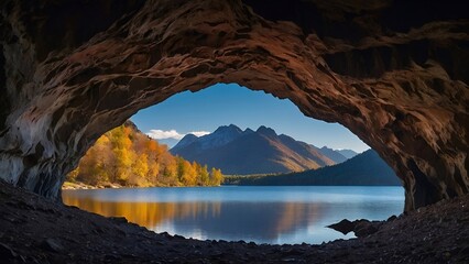 Lake with mountains in the background, view from a natural cave