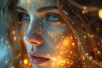 Face of the astrologer's woman is covered with sequins, giving her a sparkling, unearthly appearance. The sequins seem to reflect the light, creating a dreamy, otherworldly effect. - obrazy, fototapety, plakaty