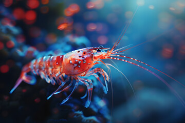 Red shrimp swimming in the ocean - obrazy, fototapety, plakaty