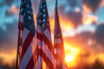 American flags with Text Veterans Day Honoring All Who Served on sunset background (1).png - obrazy, fototapety, plakaty