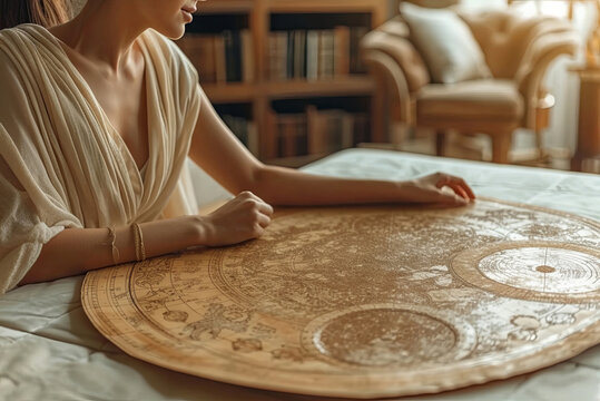Female astrologer is sitting at a table with a natal chart. The map is old, it feels vintage. A woman studies a map
