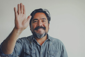 A Mexican man descent warmly welcomes viewers in front of the camera, offering a friendly wave and a genuine smile against a neutral white backdrop. - obrazy, fototapety, plakaty