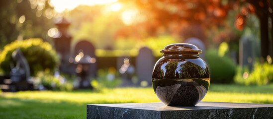 An urn with ashes stands in the cemetery. Funeral arrangements. Funeral services. Generative AI - obrazy, fototapety, plakaty