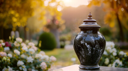 An urn with ashes stands in the cemetery. Funeral arrangements. Funeral services. Generative AI