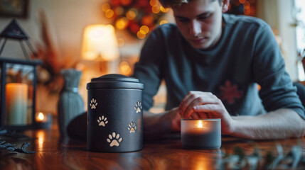 A young man mourns the loss of a pet while looking at an urn with ashes.  AI Generative - obrazy, fototapety, plakaty