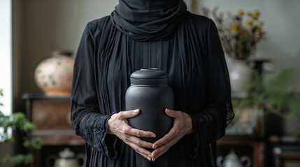 A woman in mourning clothes holds a black funeral urn in her hands.  Generative AI