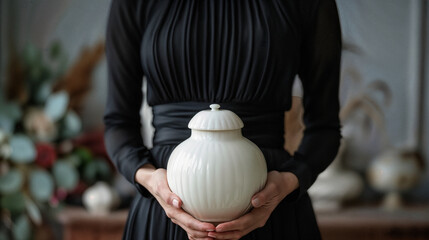 A woman holds a white funeral urn in her hands.  Generative AI