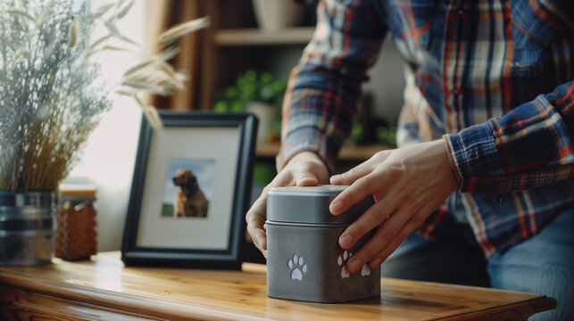 A man holds in his hands an urn with the ashes of his beloved dog.  AI Generative