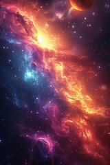 Colorful space scene with a red and orange cloud in the middle. The sky is filled with stars and...