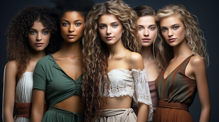 Obraz premium Studio portrait of group of five beautiful women with natural beauty, glowing smooth skin and and healthy luxurious beautiful hair