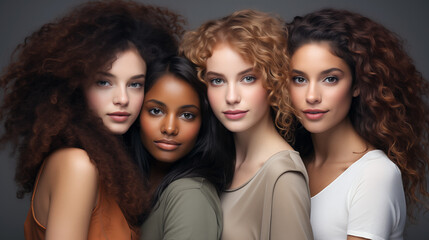 Obraz premium Studio portrait of group of four beautiful women with natural beauty, glowing smooth skin and and healthy luxurious beautiful hair