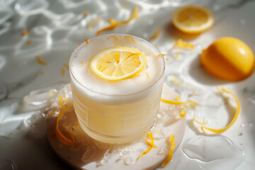 limoncello and Prosecco cocktail with lemon zests on light marble plate with a lemon slice - obrazy, fototapety, plakaty