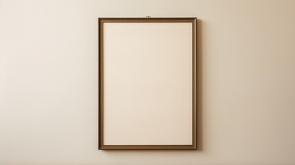 A dark wood portrait picture frame hanging on a blank wall