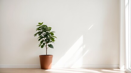 A single potted plant set in a vibrant minimalist space 