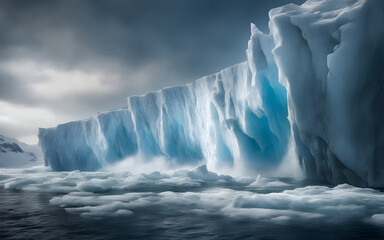 A glacier calving into the ocean, with towering ice cliffs and chunks breaking - obrazy, fototapety, plakaty