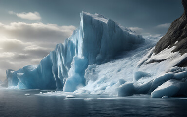 A glacier calving into the ocean, with towering ice cliffs and chunks breaking - obrazy, fototapety, plakaty