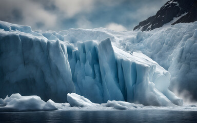 A glacier calving into the ocean, with towering ice cliffs and chunks breaking