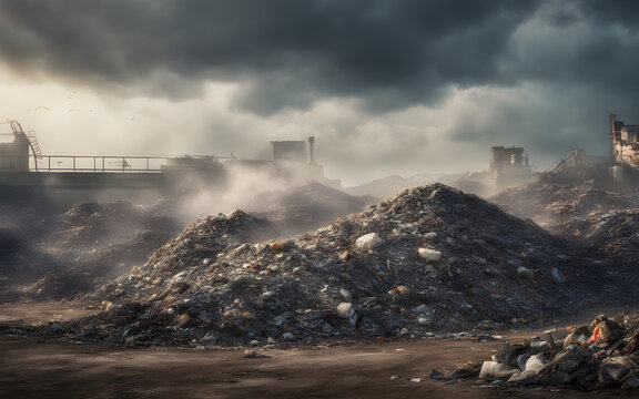 A landfill overflowing with various types of waste, emitting toxic fumes under a hazy sky