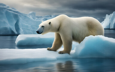 Obraz na płótnie Canvas A polar bear stranded on a small, melting iceberg surrounded by open water, with distant glaciers