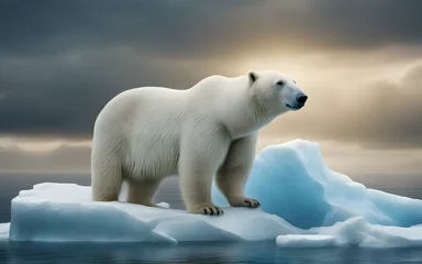 Poster A polar bear stranded on a small, melting iceberg surrounded by open water, with distant glaciers © julien.habis