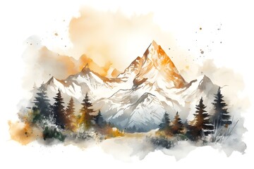 Hyper Realistic Watercolor Painting Of Mountain Range On White Background
