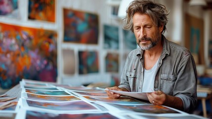 Artist thoughtfully reviews his colorful paintings in a studio filled with vibrant artwork.