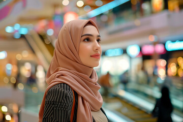 Portrait of attractive muslim women wearing hijab walking at modern shopping center - obrazy, fototapety, plakaty