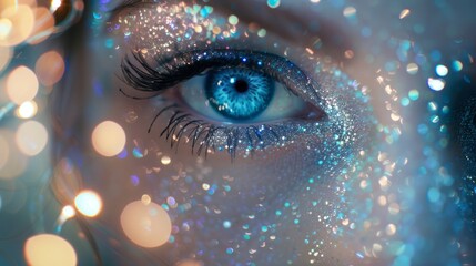 close-up of a women face adorned with glitter makeup. Creative Makeup