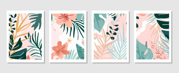 set of vector backgrounds featuring tropical leaves suitable for wall decoration, postcard designs, or brochure covers.