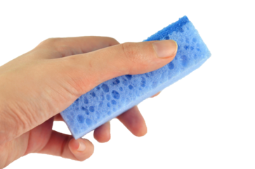 Blue washing sponge for dishes in a hand png isolated, side view