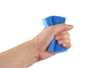 A hand (holding) squeezes blue washing sponge for dishes png isolated