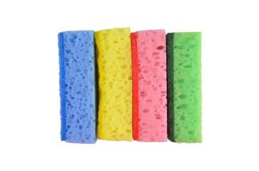 A group of new washing sponges (yellow, green pink and blue) lying in a row (line), png isolated