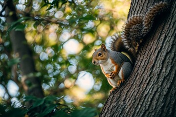 Delightful squirrel on a tree with a blurred soft-green background 
