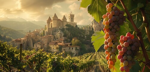 A striking image unfolds as a medieval castle commands attention above bountiful vineyards, where the sun-kissed ripe grape bunches add a touch of splendor to this historical landscape. - obrazy, fototapety, plakaty