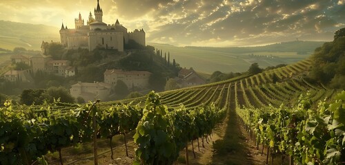A striking image unfolds as a medieval castle commands attention above bountiful vineyards, where the sun-kissed ripe grape bunches add a touch of splendor to this historical landscape. - obrazy, fototapety, plakaty