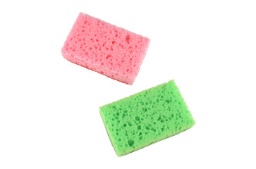 Pink and green washing sponges for dishes png isolated, top view