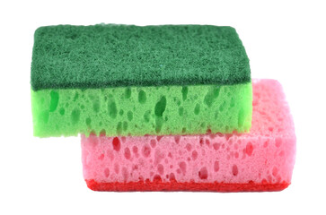Pink and green washing sponges for dishes one on top of another png isolated closeup