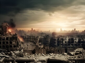 Fototapeta na wymiar A postapocalyptic ruined city Destroyed buildings burntout vehicles and ruined roads 3D 