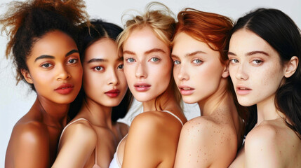Fototapeta premium Portrait of diverse group of beautiful women with natural beauty and glowing smooth skin 