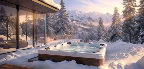 A tranquil scene of a hot tub with spa placed in a snowy wonderland near a winter forest, offering a perfect retreat in a ski resort. - obrazy, fototapety, plakaty