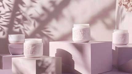 Elegant White Cosmetic Jars with Embossed Patterns on Cube Podiums, To showcase the beauty and elegance of these white cosmetic jars with embossed - obrazy, fototapety, plakaty