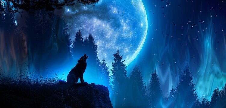 An intimate close-up of a majestic wolf, its head thrown back in a haunting howl, with the moonlight illuminating its fur.