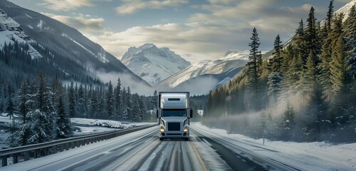 A powerful big rig navigating a winding highway against the backdrop of snow-covered mountains, the crisp winter air enhancing the rugged beauty of the North American landscape 