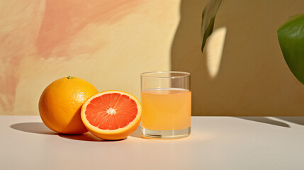 A citrus fruit and a container of orange liquid placed