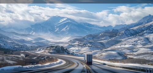 A lone truck navigating a snow-covered highway through the majestic Canadian Rockies, surrounded by towering peaks and pine trees blanketed in fresh winter snow. - Powered by Adobe