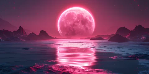 Poster A pink moon over a lake with mountains in the background, Vibrant pink moon over surreal mountain landscape,    © Mohsin